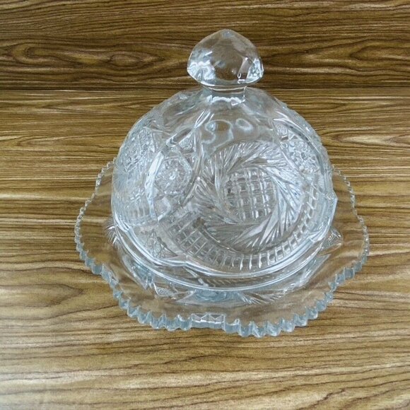Vintage Pressed Domed Glass Butter Dish Round Clear Aztec Sunburst - Picture 2 of 7